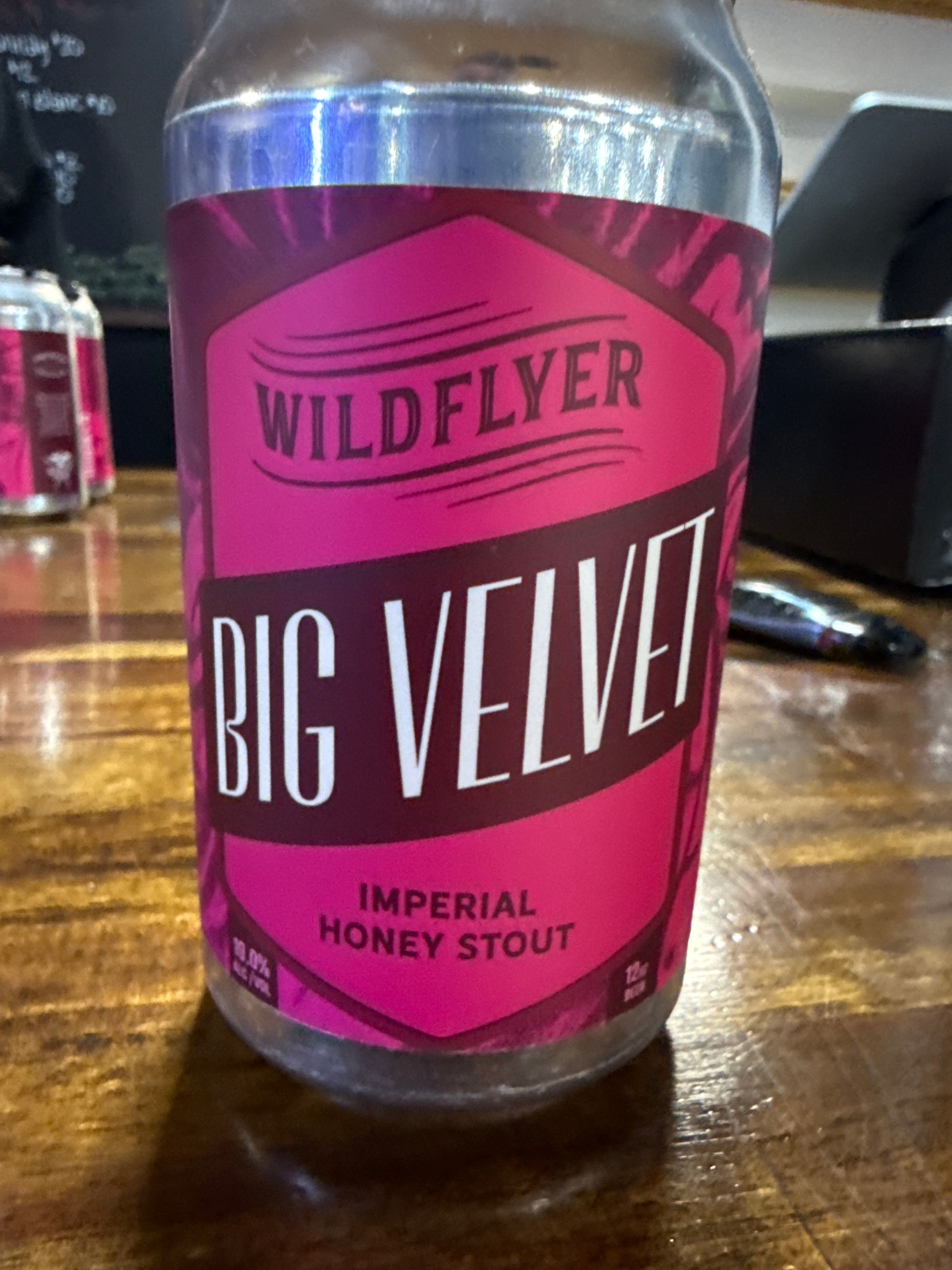 Wildflyer, beer. Big velvet, imperial, honey stout.